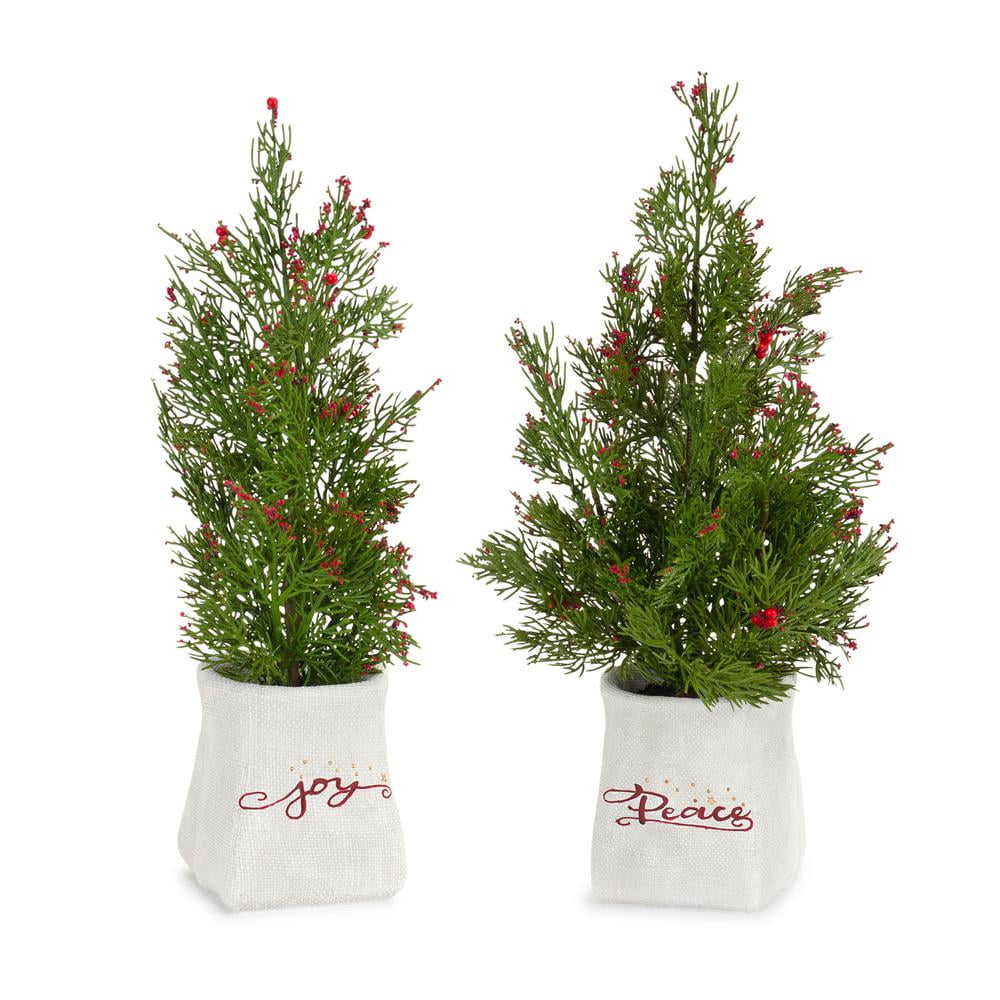 Set of 2 Potted Mini Pine Trees with Berry Accents