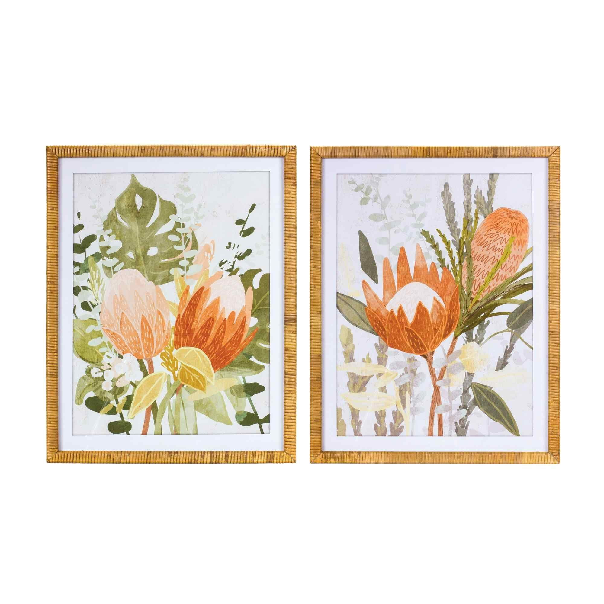 Melrose Tropical Orange and Green Floral Wall Art Set with Fir Wood Frame