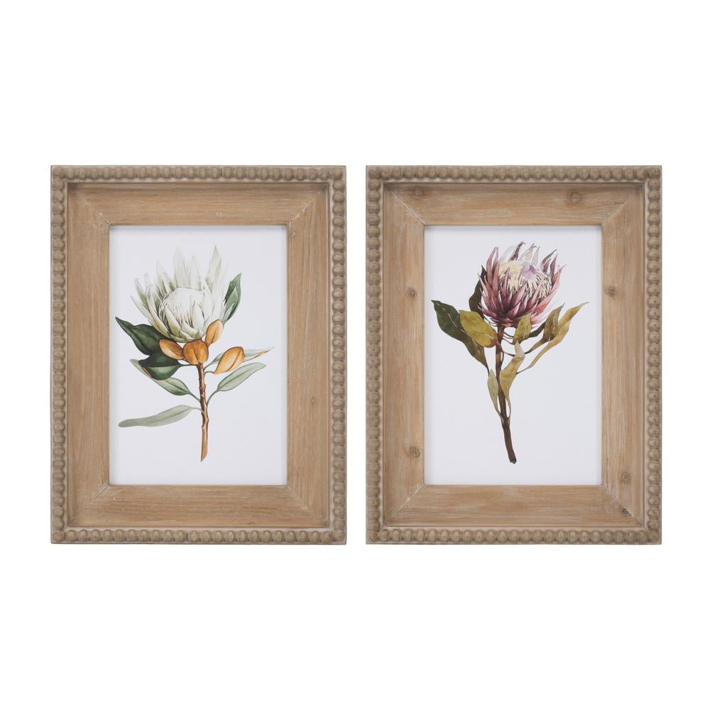 Set of Two Beige and Green Fir Wood Framed Protea Floral Prints