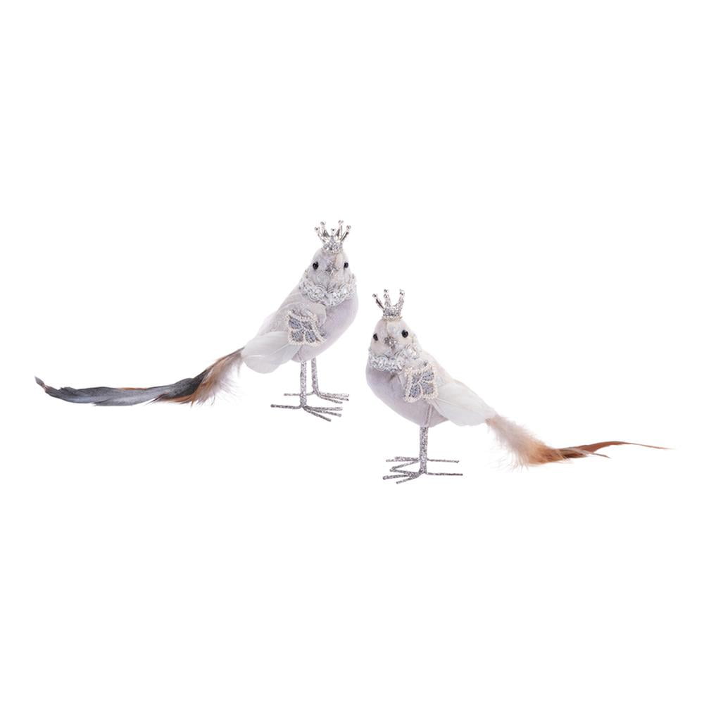Wintry White and Silver Royal Bird Figurine Set with Feathered Design