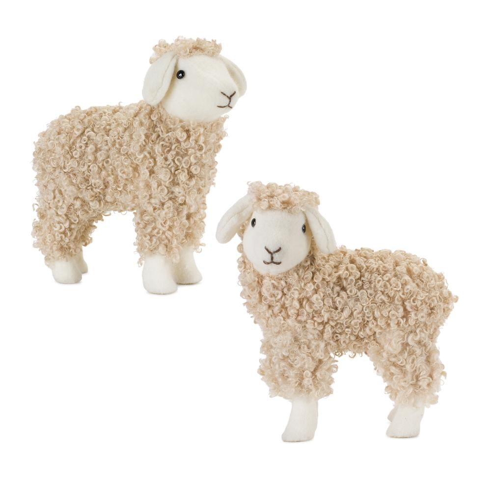 Whimsical Beige and White Plush Sheep Figurine Set