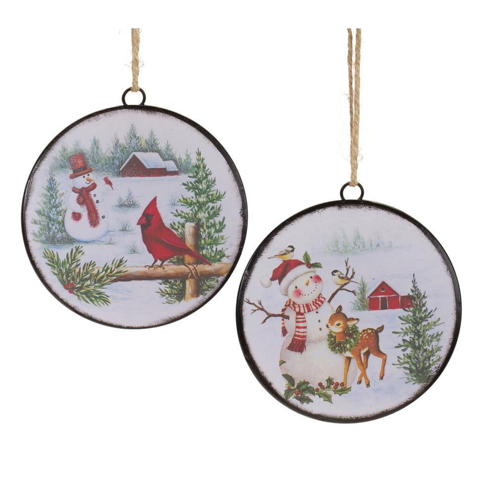 Woodland Snowman Disc Ornaments Set of 12 with Rustic Design