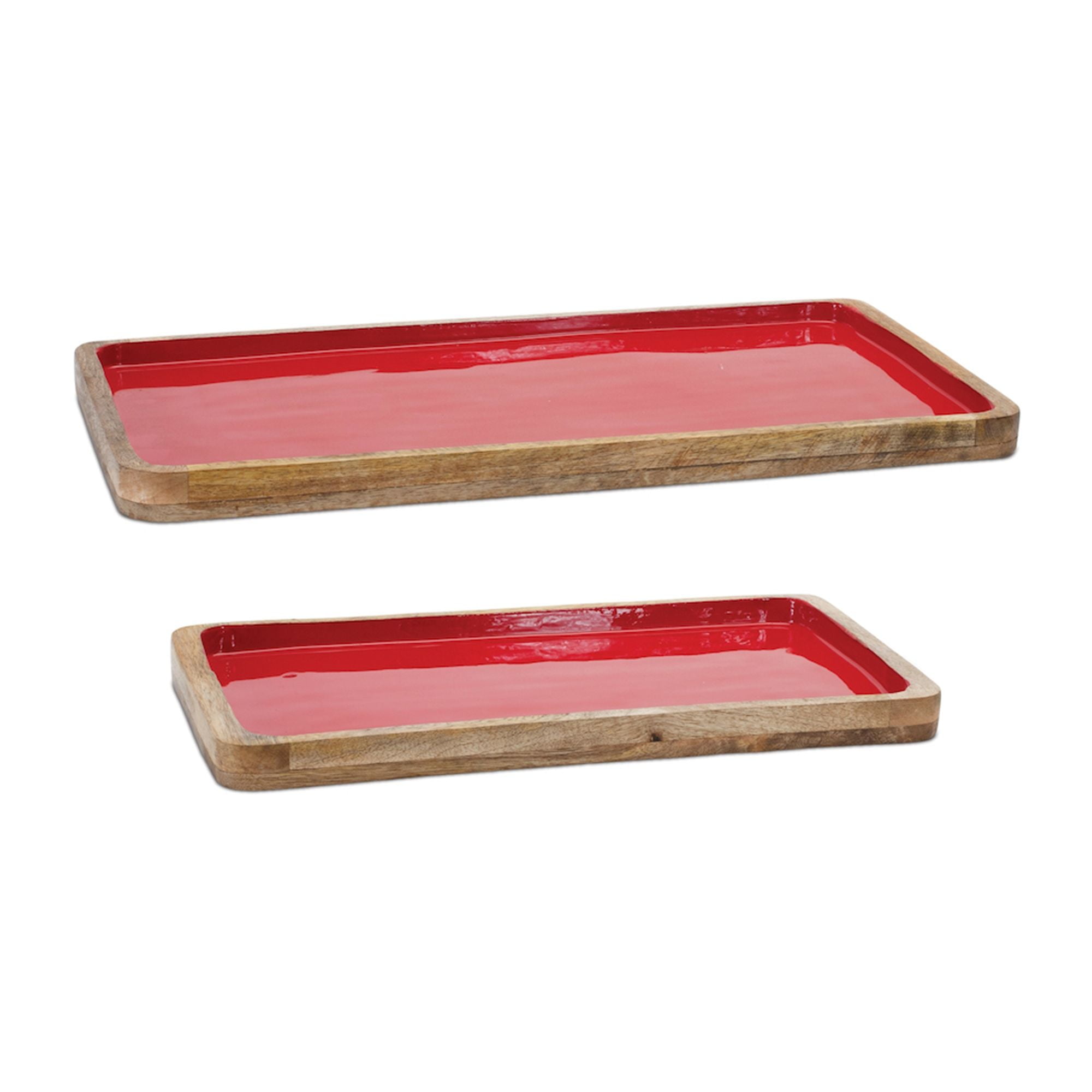 Melrose Red and Natural Wood Rectangular Tray Set