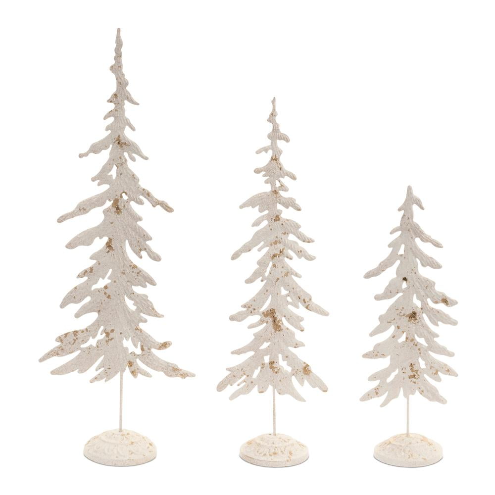 White and Gold Metal Pine Tabletop Christmas Trees, Set of 3