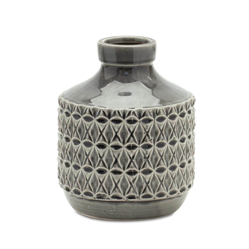 Gray Ceramic Decorative Table Vase with Ribbed Design
