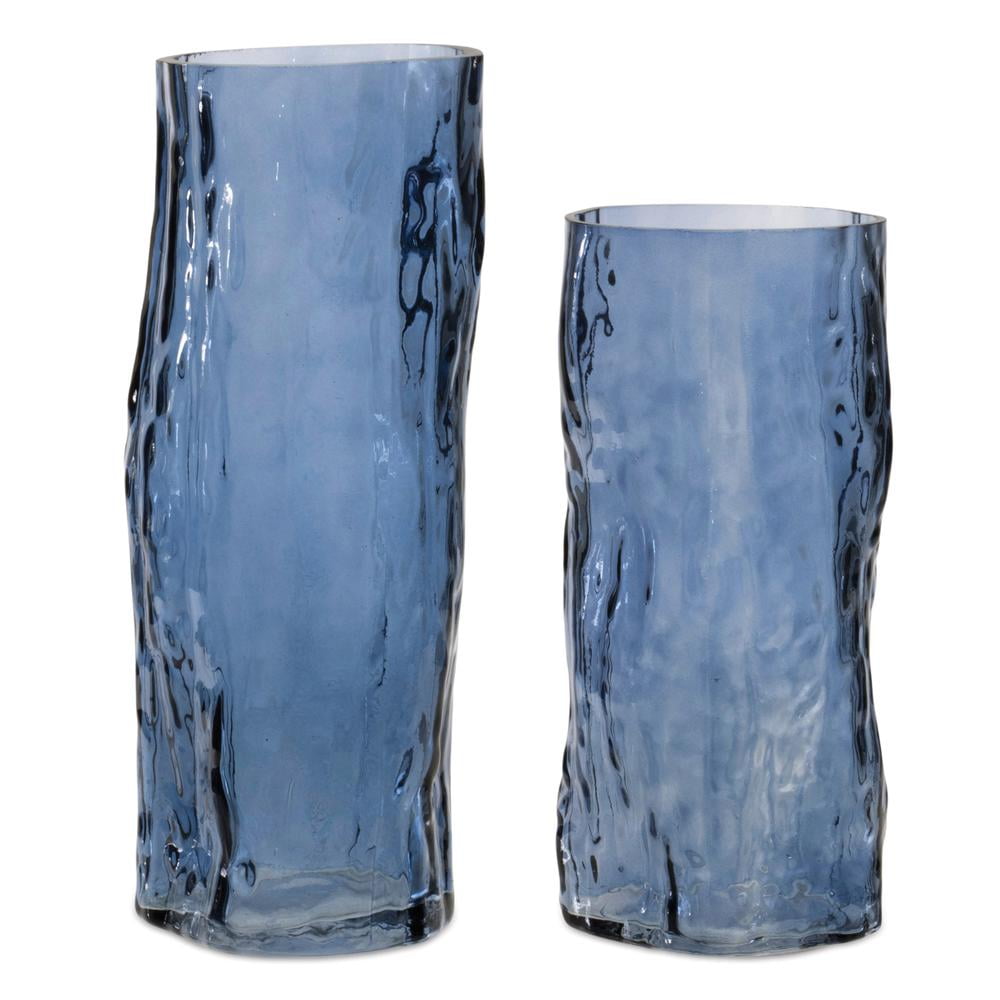 Set of Two Blue Wavy Glass Decorative Vases
