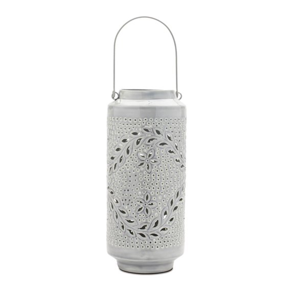 Melrose Punched Metal Candle Lantern 15.5"H Glam & Luxury Gray
