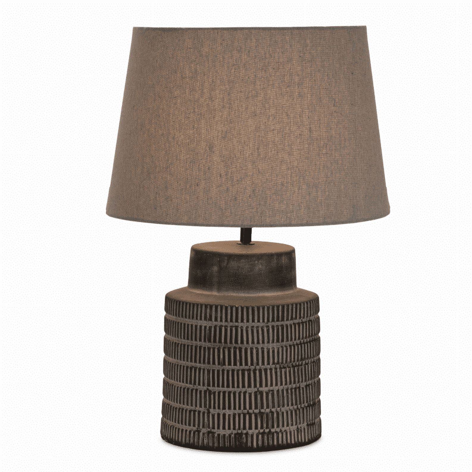 Black and Brown Etched Terracotta Table Lamp with Linen Shade