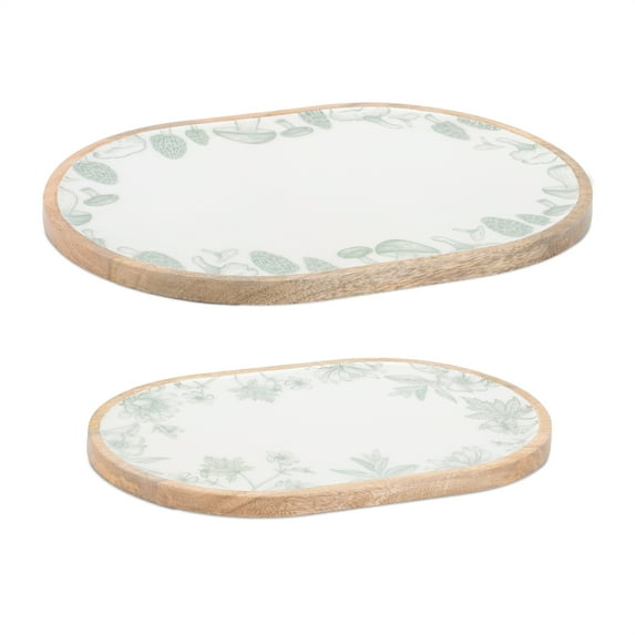 Melrose Mushroom and Floral Wooden Oval Trays - 14" - White and Green - Set of 2