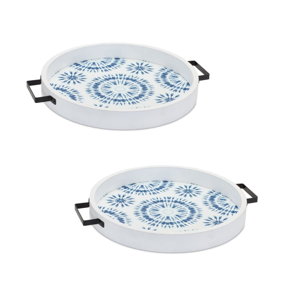 Melrose Round Tie-Dye Wooden Trays - 18.5" - Blue and White - Set of 2