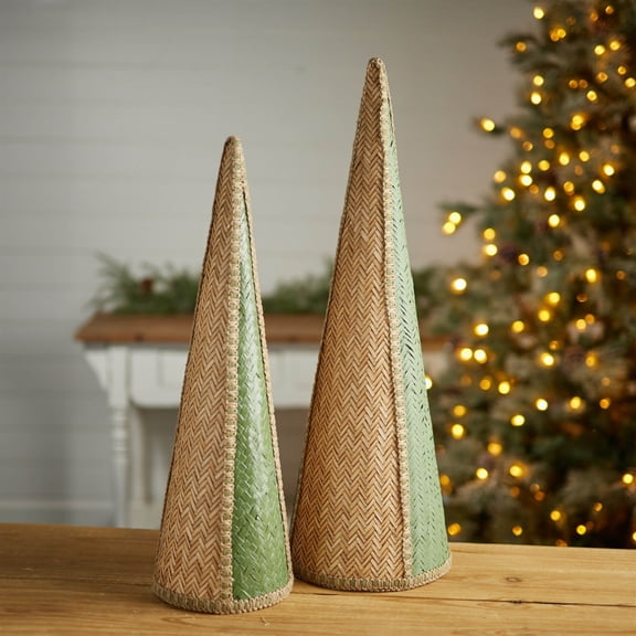 Melrose Woven Cone Pine Tree Christmas Decorations - 22" - Green and Beige - Set of 2