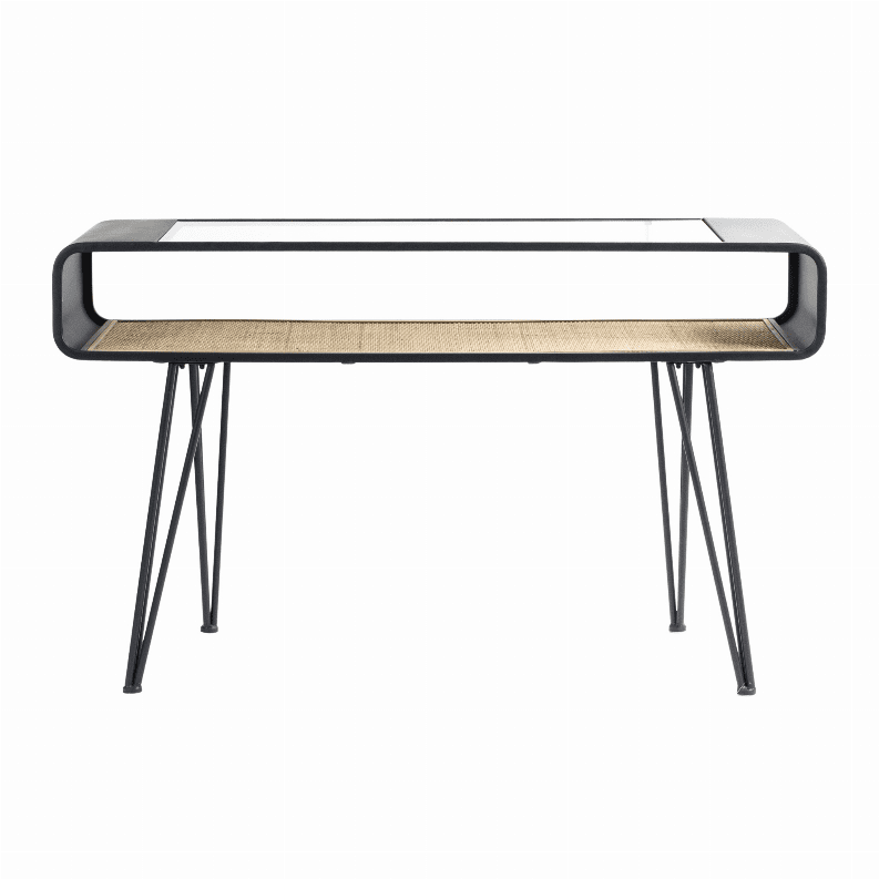 Black Iron and Glass Console Table with Rattan Shelf