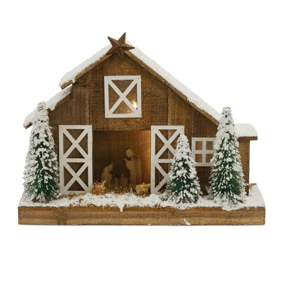 Melrose LED Lighted Flocked Nativity Stable Christmas Decoration - 19.5" - Brown