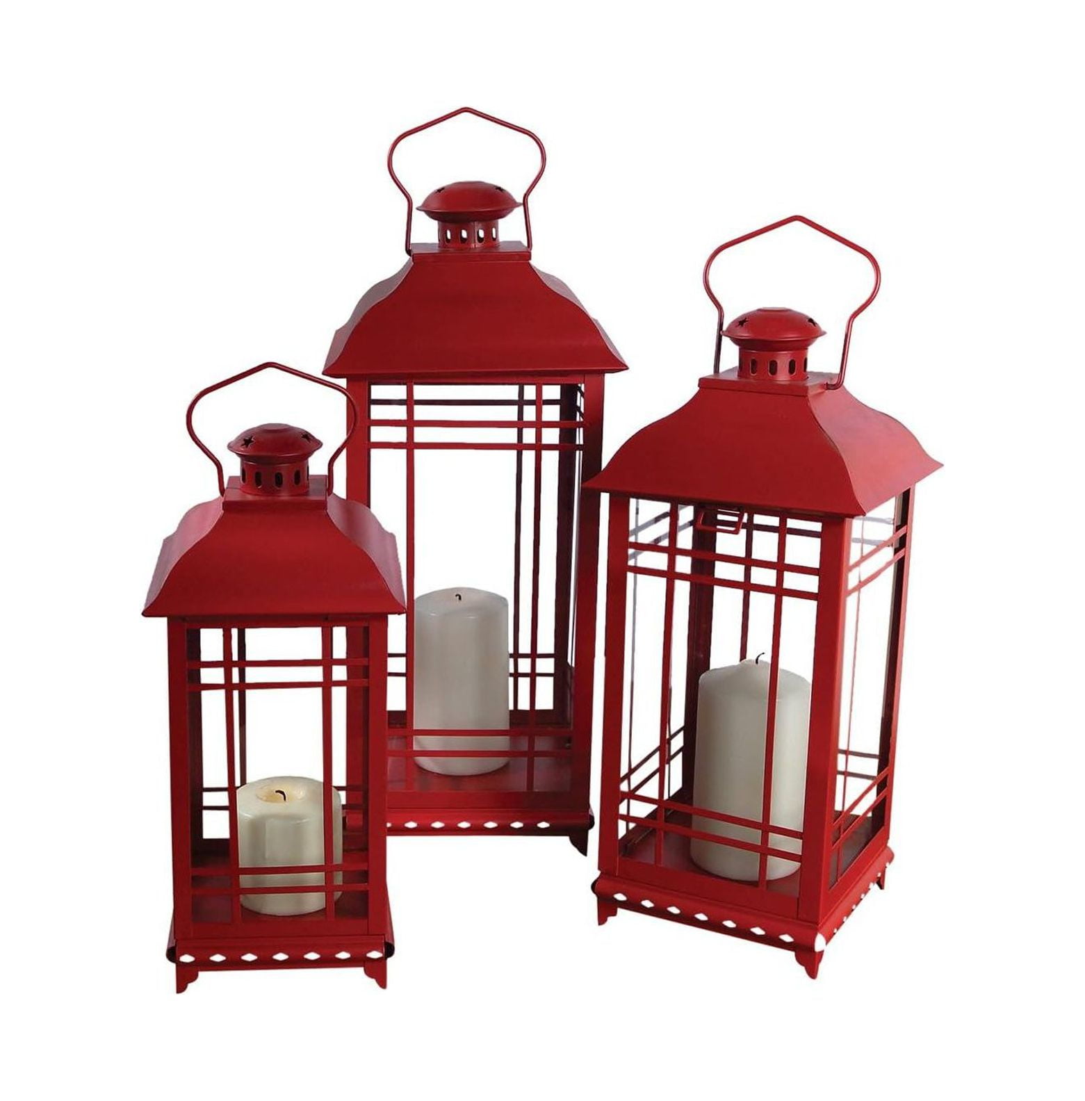 Traditional Red Metal and Glass 20" Candle Lantern Set of 3