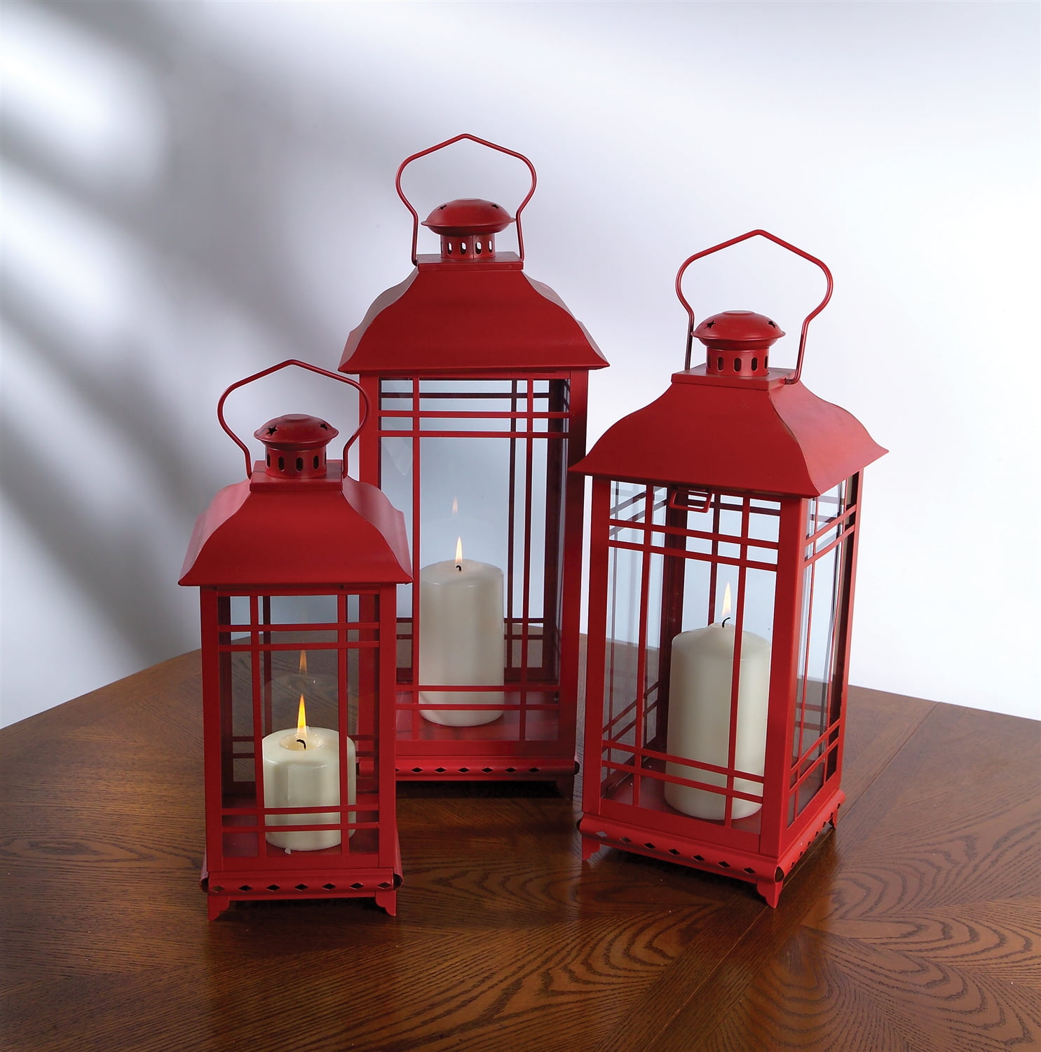 Traditional Red Metal and Glass 20" Candle Lantern Set of 3