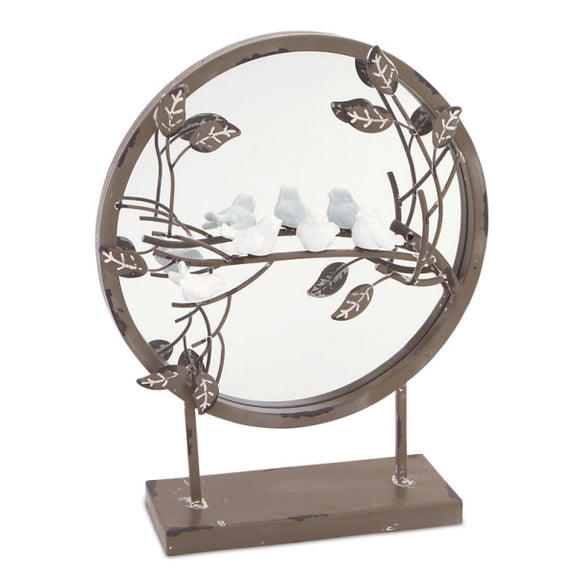 Melrose New Romance Round Tabletop Mirror with Perched Birds on Branch 12.5"