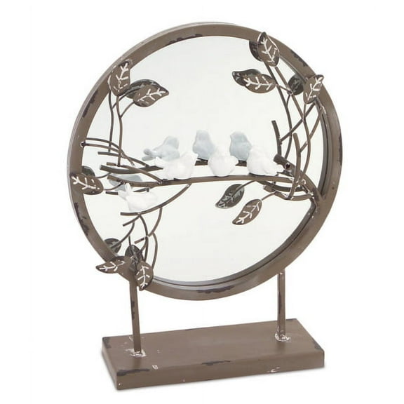 New Romance Round Tabletop Mirror with Perched Birds on Branch 12.5"