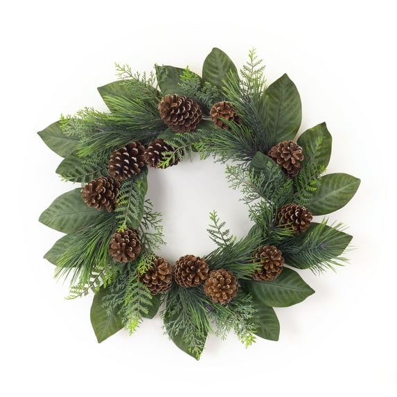 Melrose Plastic Pine And Magnolia Leaf Wreath In Green And Brown Finish 77422DS