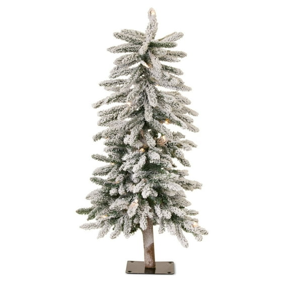 Set of 2 Pre-Lit Flocked Alpine Artificial Christmas Tree - Warm Yellow LED Lights, 3'