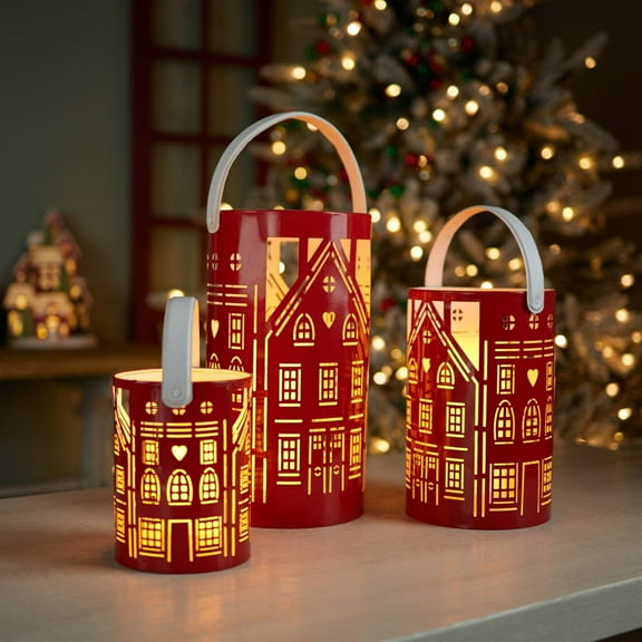 Melrose Punched Metal House Candle Lanterns - 12.5" - Red and White - Set of 3