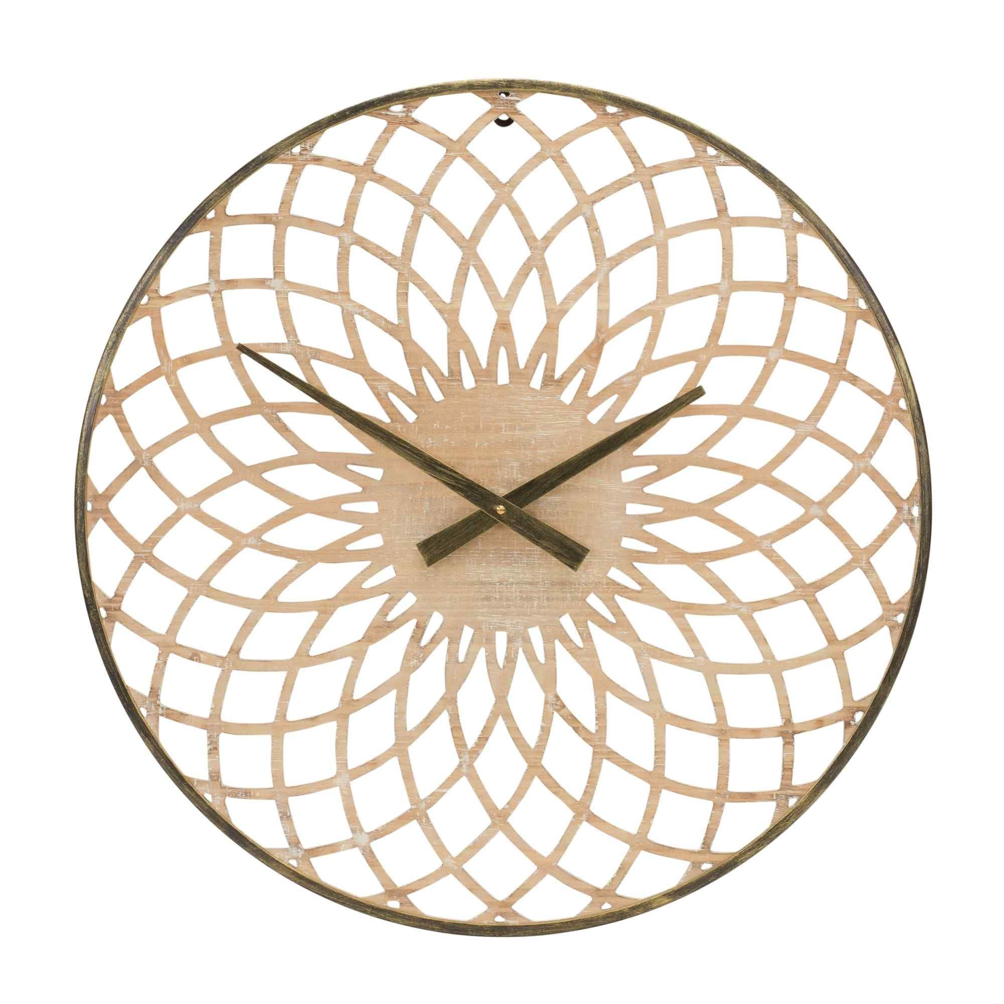 23.75" Round Lattice Natural Wood Wall Clock with Bronze Frame