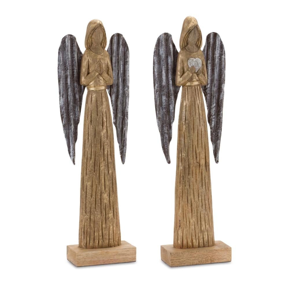 Rustic Mango Wood and Iron Angel Statues, Set of 2