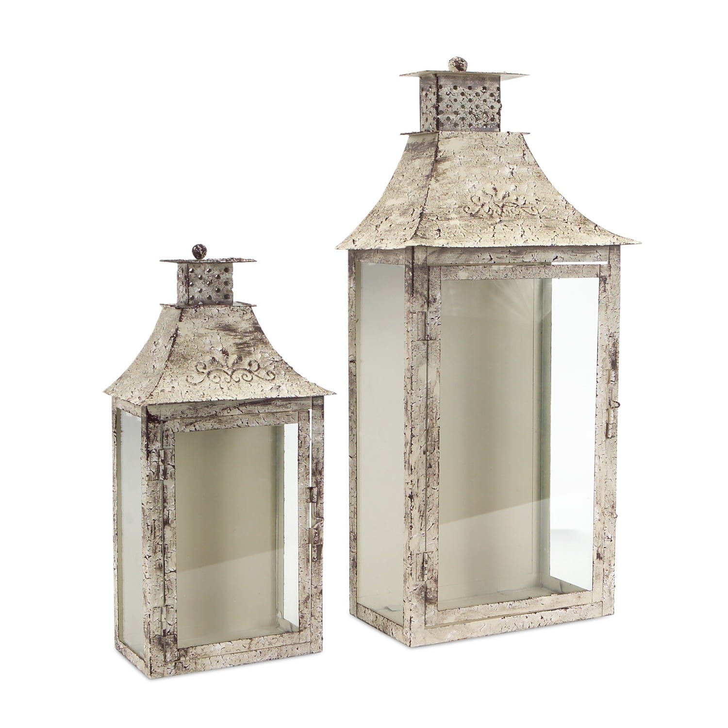Antique Cream Iron & Glass Decorative Candle Lantern Set