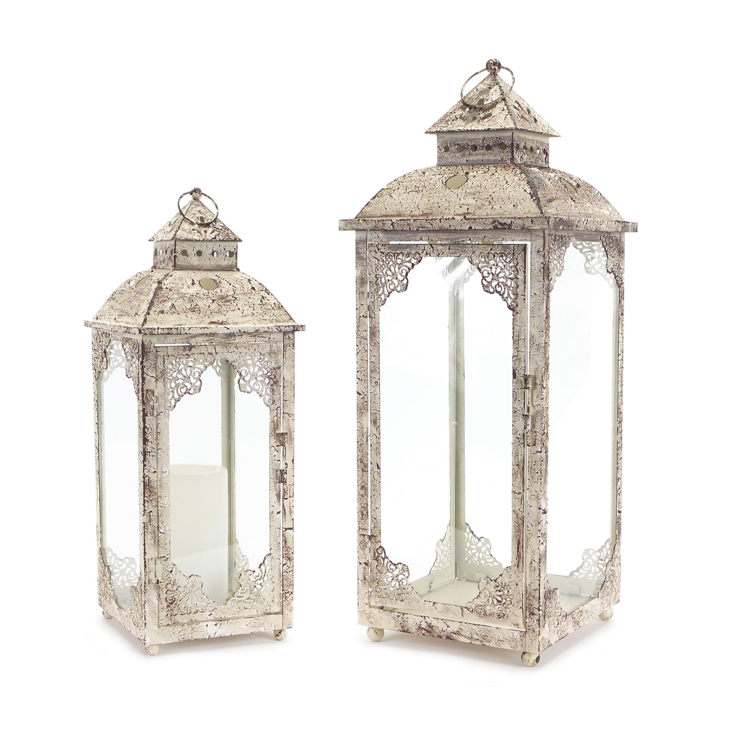 Ivory Distressed Iron and Glass Hanging Candle Lantern Set