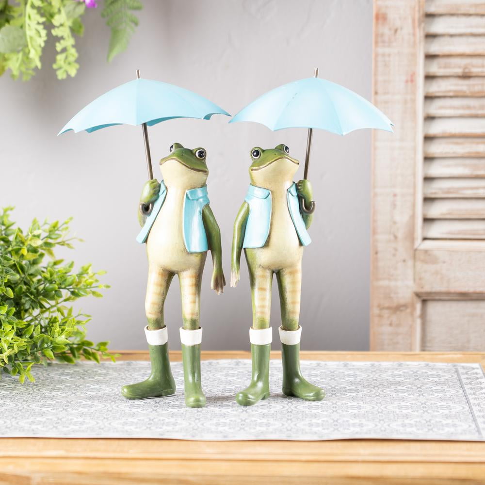 Spring Frogs with Blue Umbrellas Resin Figurines Set