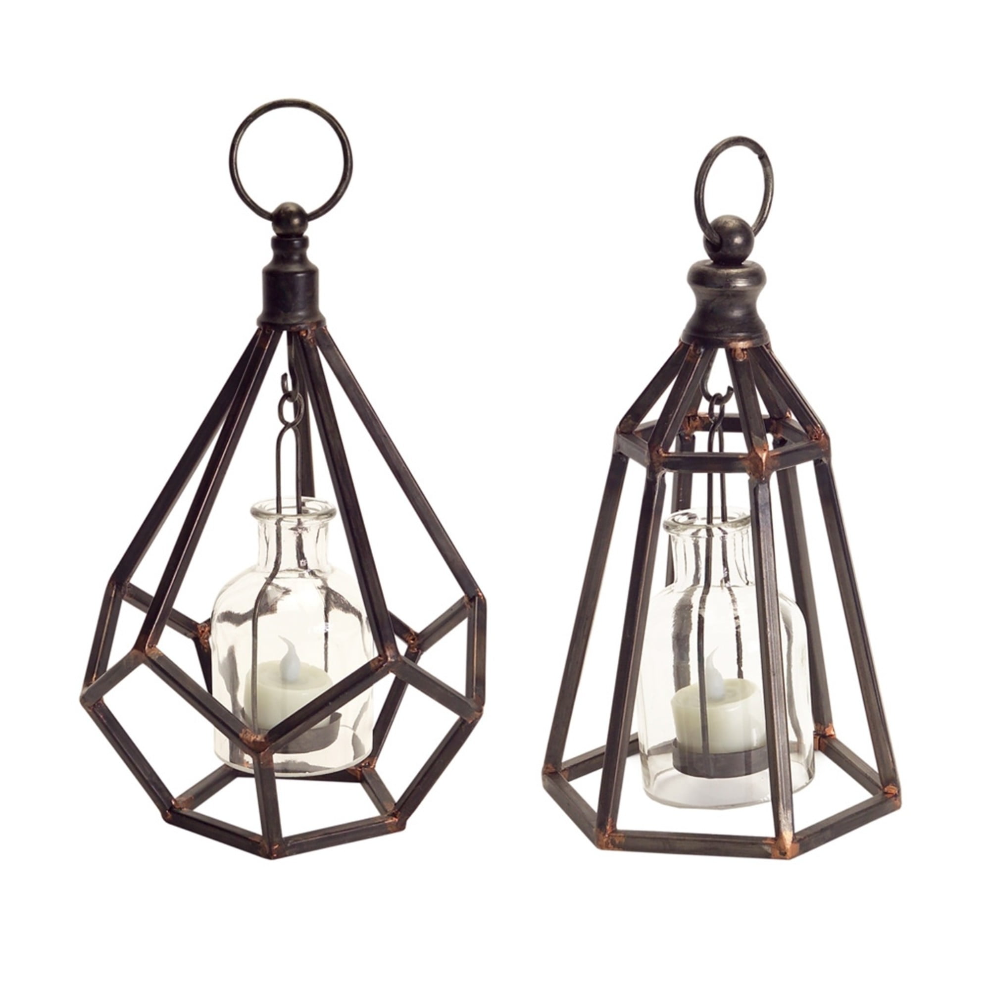 Rustic Brown Geometric Hanging Glass Tealight Candle Lanterns, Set of 2
