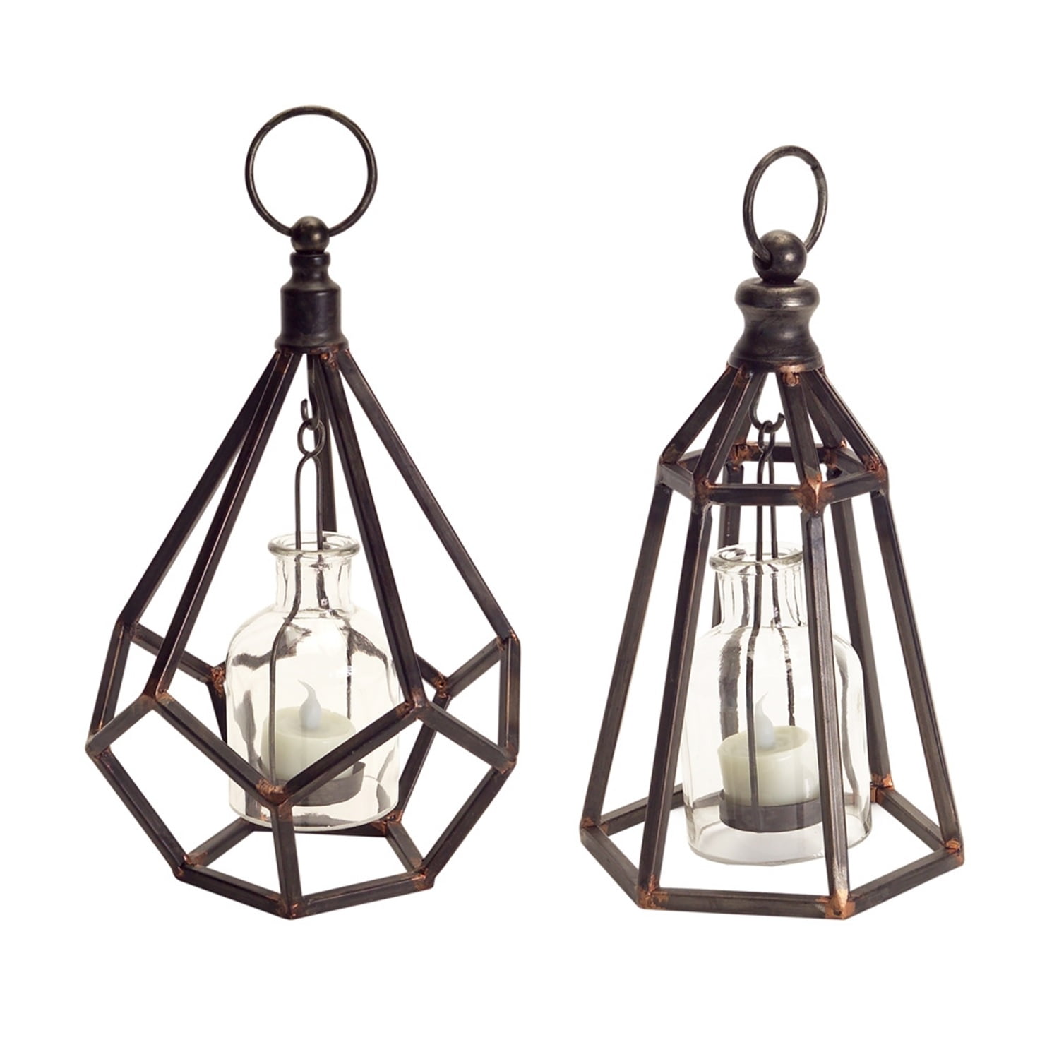 Rustic Brown Geometric Hanging Glass Tealight Candle Lanterns, Set of 2