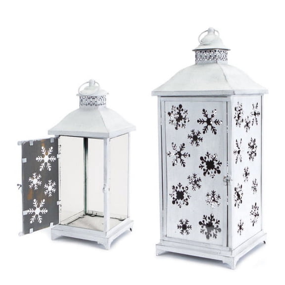 Melrose Set of 2 Large White Cut-Out Snowflake All-Weather Iron and Glass Christmas Candle Lanterns