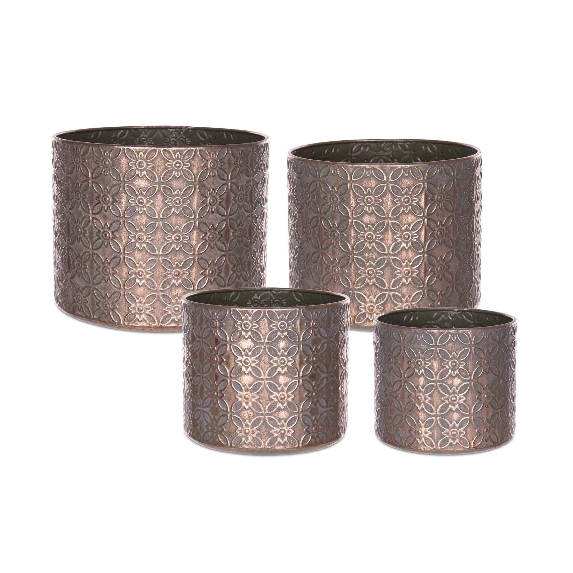Set of 4 Distressed Copper Ornate Geometric Metal Planters
