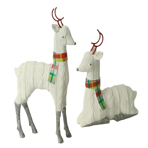 Set of 2 White and Red Knitted Reindeer Christmas Tabletop Figurines 12"