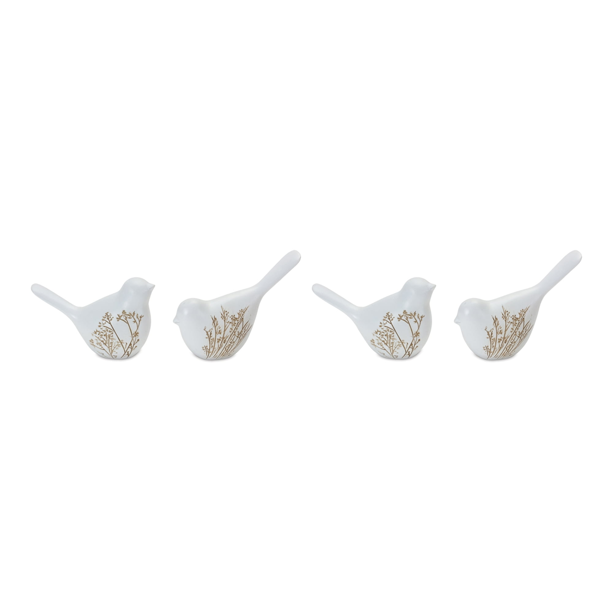 Set of 4 White Floral Etched Resin Bird Figurines