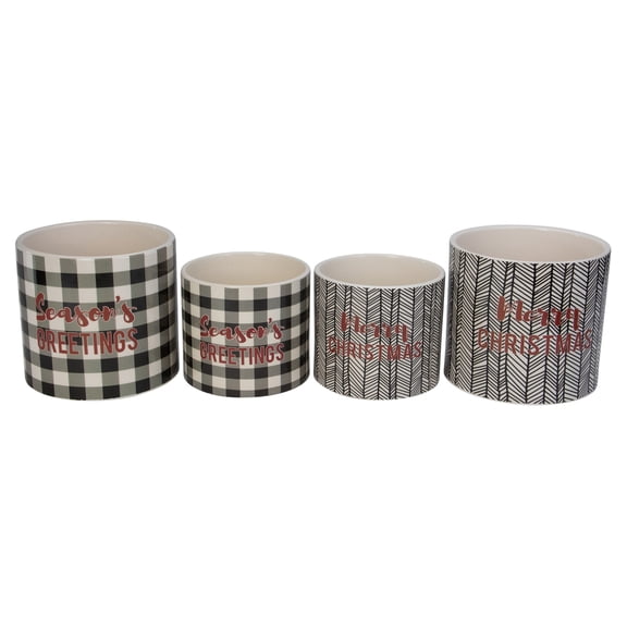 Melrose Set of 4 White and Black Holiday Slogan Printed Christmas Pots 6"