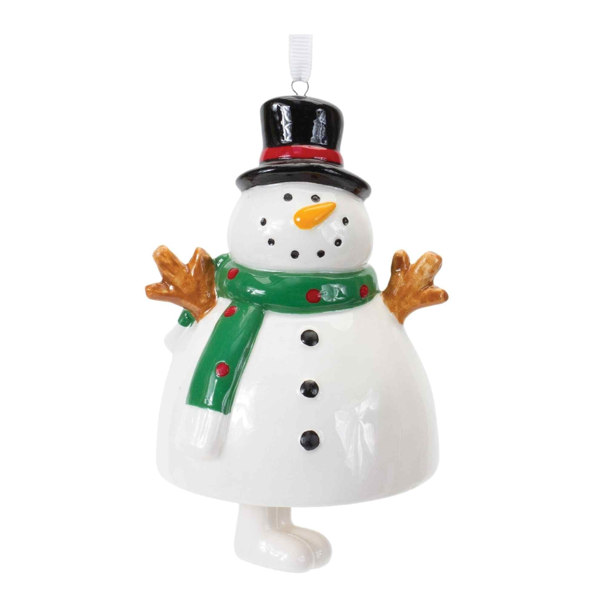 Set of 12 Ceramic Snowman Bell Ornaments with Green Scarves