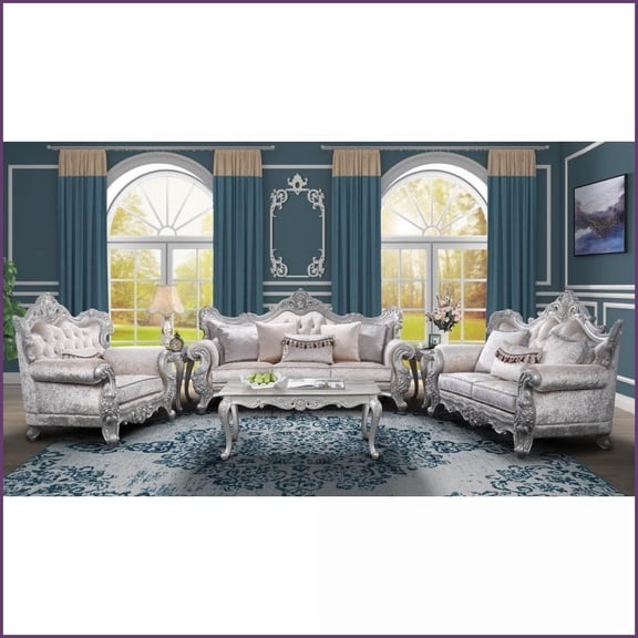 Melrose Traditional 5PC Living Room Set – Sofa Loveseat Chair Coffee Table End Table, Champagne Silver Finish, Manufactured Wood Frame, Plush Pillows | Silver | Wood | Rolled Arms