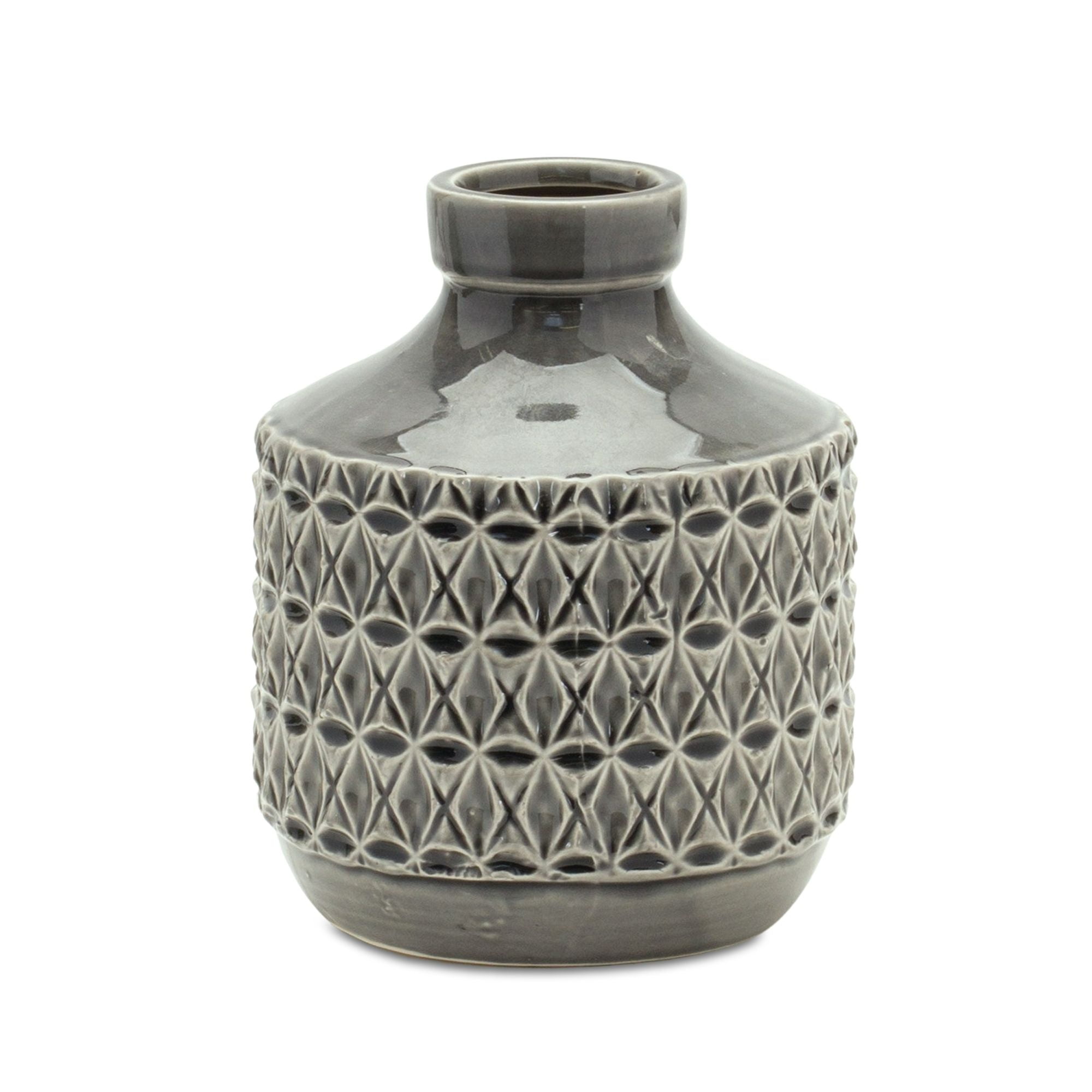 Gray Ceramic Decorative Table Vase with Ribbed Design
