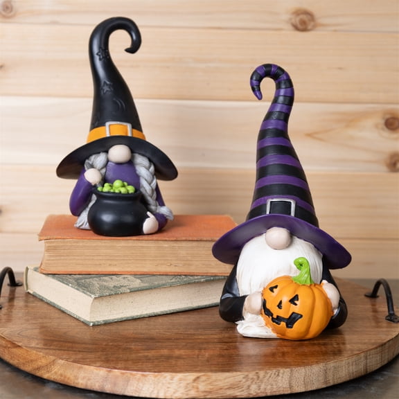 Melrose 55958DS Witch Gnome Figurine, Black, Orange & Purple - Set of 2