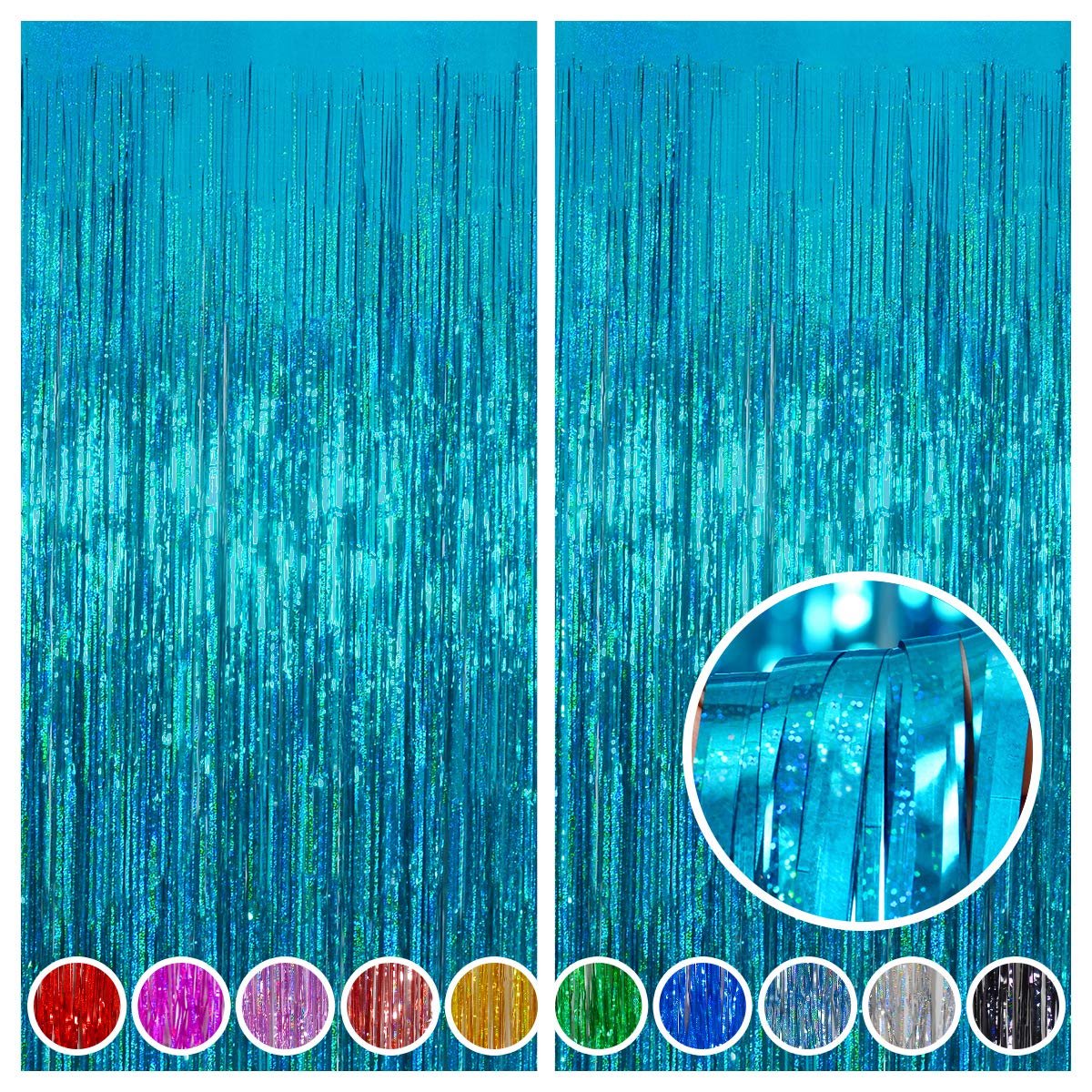 Melsan 2 Pack 3.2 ft x 8.2 ft Teal Tinsel Foil Fringe Curtains Backdrop