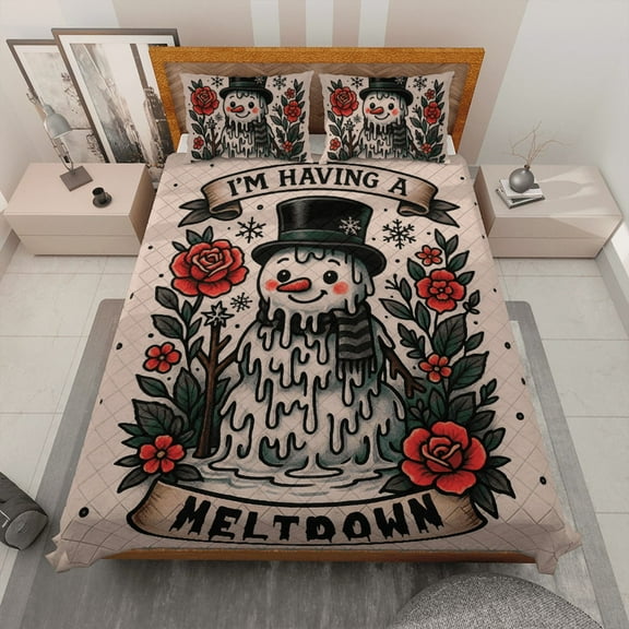 I'm Having A Meltdown Snowman Quilt Bedding Set, Funny Holiday Quilt Bed Set with Roses & Snowflakes, Winter Season, Christmas Gift for Kids and Adults