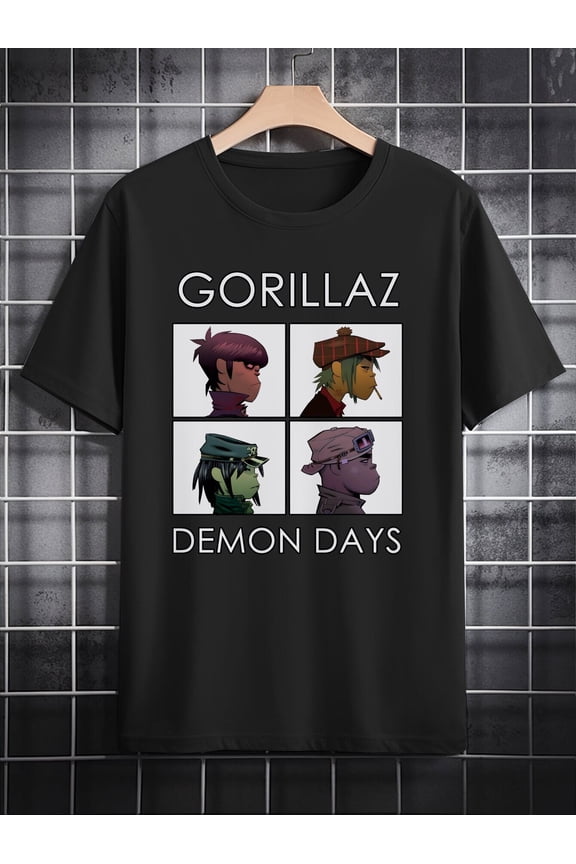 Men's Casual Graphic T-Shirt - Gorillaz Demon Days Album Art Print, Black Round Neck Summer Tee, Machine Washable Regular Fit, Fan Merchandise, Cartoon Character Print