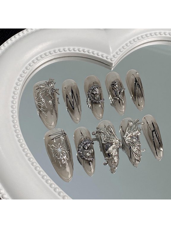 Melted Silver Butterfly Premium Sweet Cool Babes Y2K Nail Art Liquid Metal Smudge Cyberpunk Diablo Wear Nail Film