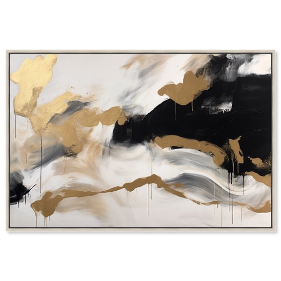 Melting Clouds With Gold Canvas Black White Abstract Wall Art by Art Remedy, Silver Frame, 15" x 10"