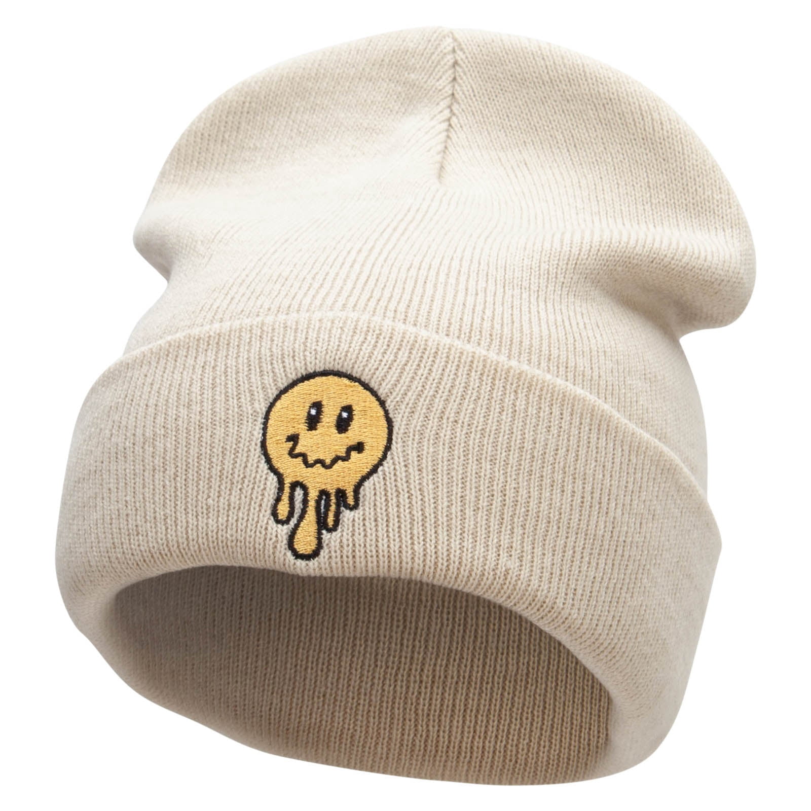 Melting Happy Face Embroidered 12 Inch Long Knitted Beanie - Birch