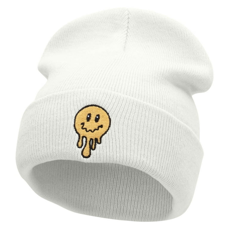 Melting Happy Face Embroidered 12 Inch Long Knitted Beanie - White