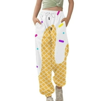Melting Ice Cream Sweatpants For Girls Boys Pants Drawstring Elastic Waistband Sweatpants Ice Cream Cone Pattern Funny Jogging Baseball Style Sports Pants White 12-13 Years