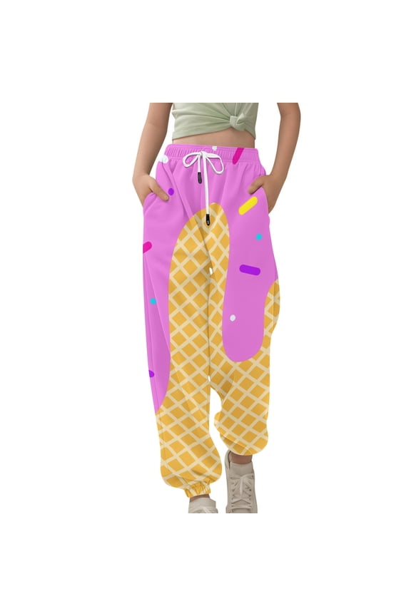 Melting Ice Cream Sweatpants For Girls Boys Pants Drawstring Elastic Waistband Sweatpants Ice Cream Cone Pattern Funny Jogging Baseball Style Sports Pants Hot Pink 12-13 Years