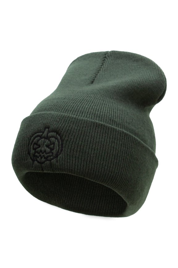 Melting Pumpkin Embroidered 12 Inch Long Knitted Beanie - Olive OSFM